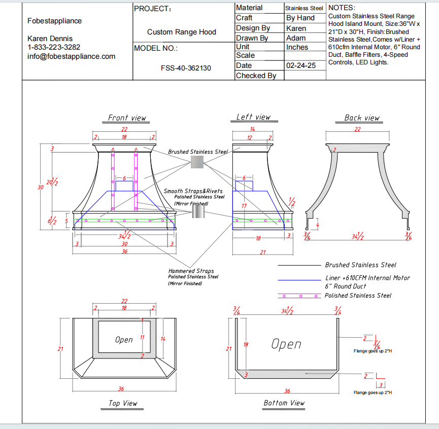 Fobest Custom Stainless Steel Range Hood - Custom Link for Lynn Rowe