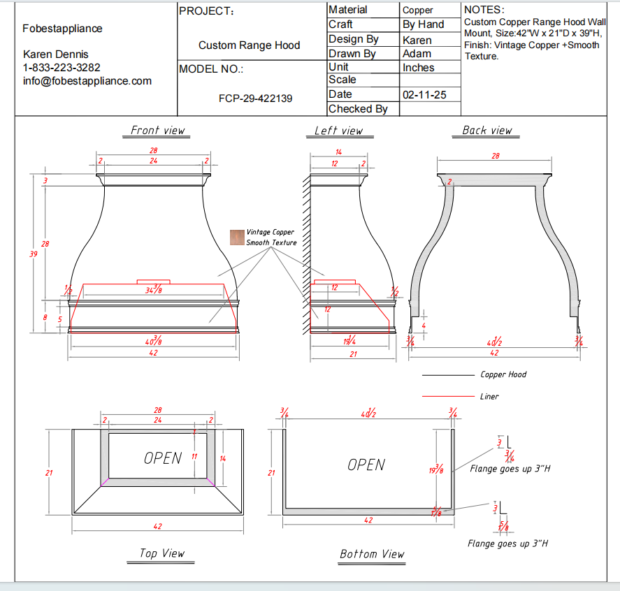 Fobest Custom Copper Range Hood - Custom Link for Jaime Ciolek