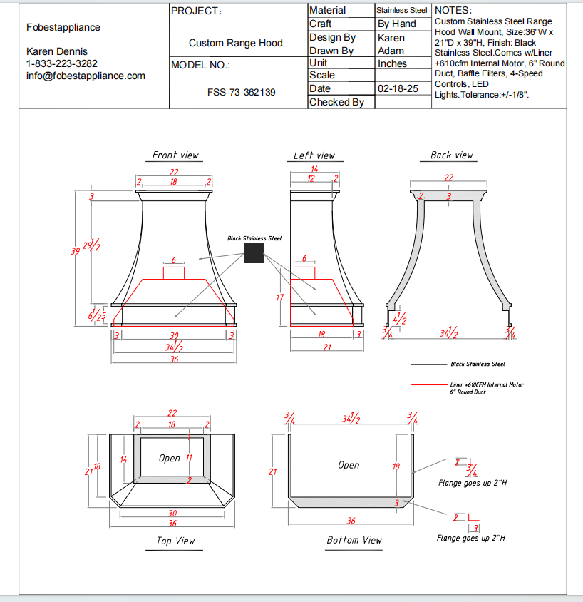 Fobest Custom Stainless Steel Range Hood- Custom Link for Tamara Zinn