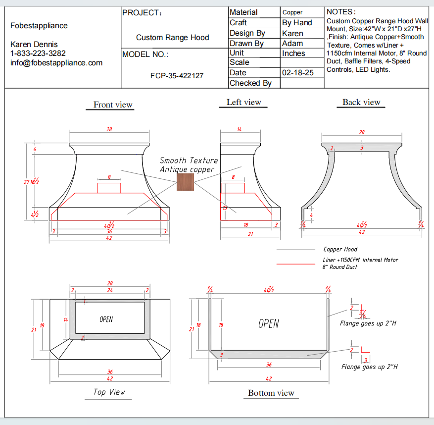 Fobest Custom Copper Range Hood - Custom Link for Audra Fine