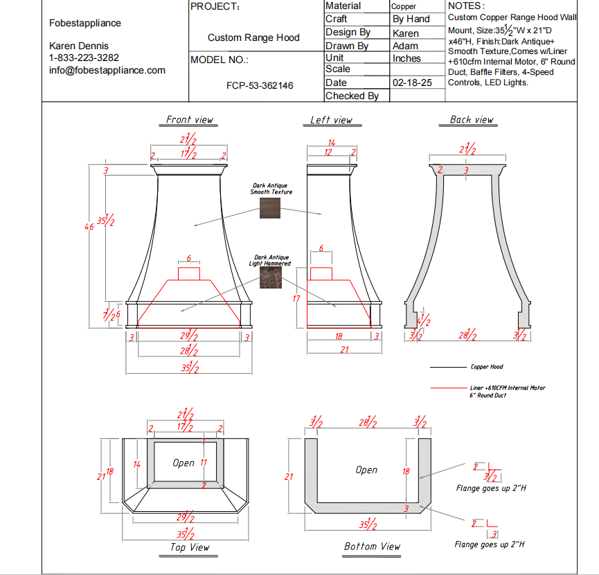 Fobest Custom Copper Range Hood - 50% Deposit Payment Custom Link for Anthony Chavez