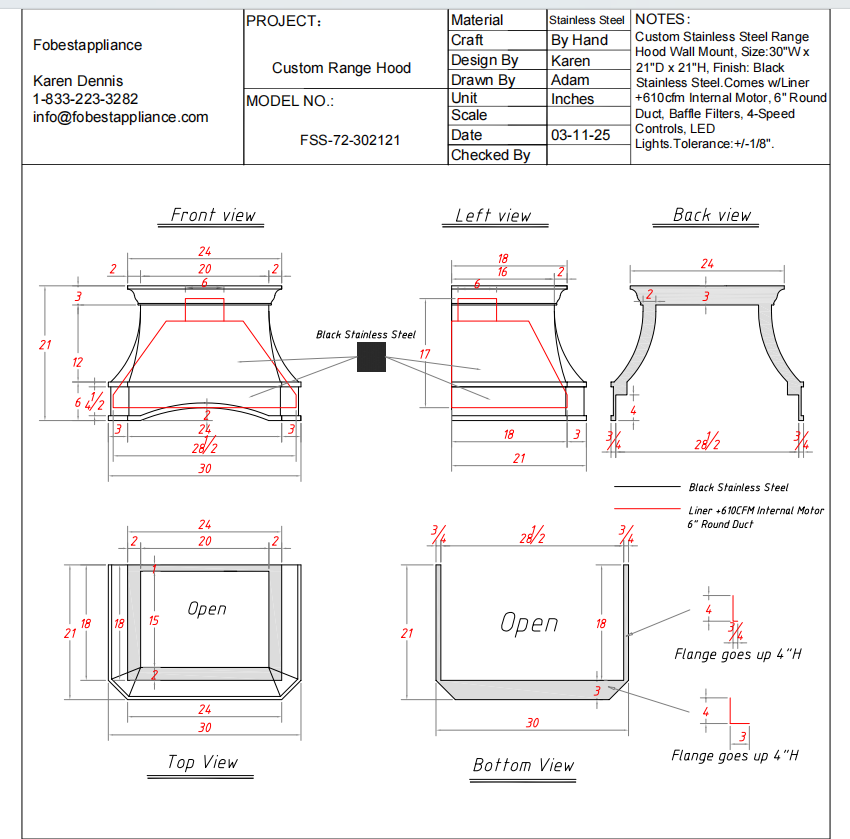 Fobest Custom Stainless Steel Range Hood - 50% Deposit Custom Link for Cindy Wilson