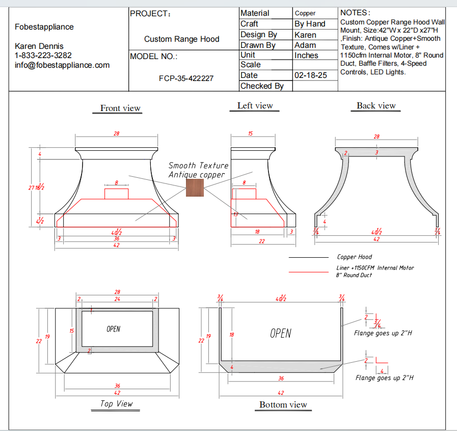 Fobest Custom Copperr Range Hood - Custom Link for Audra Fine