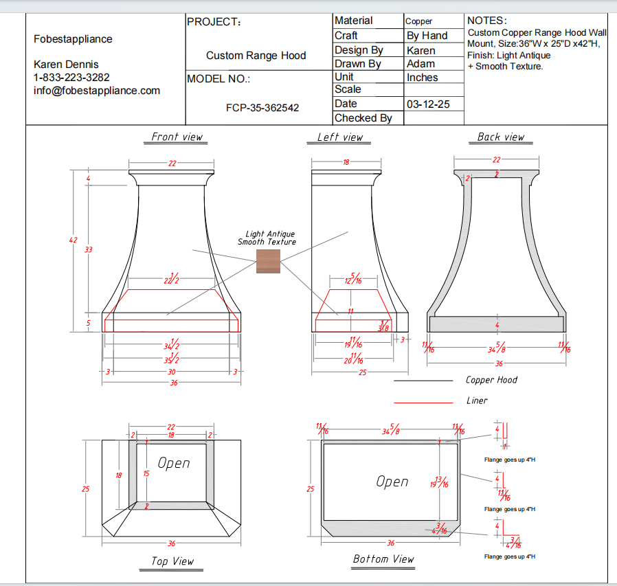 Fobest Custom Copper Range Hood - Custom Link for Jim Chatwell