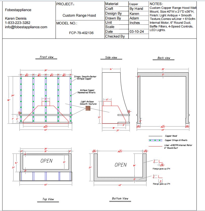Fobest custom copper range hood - custom link for Laurie Lapalme - Fobest Appliance