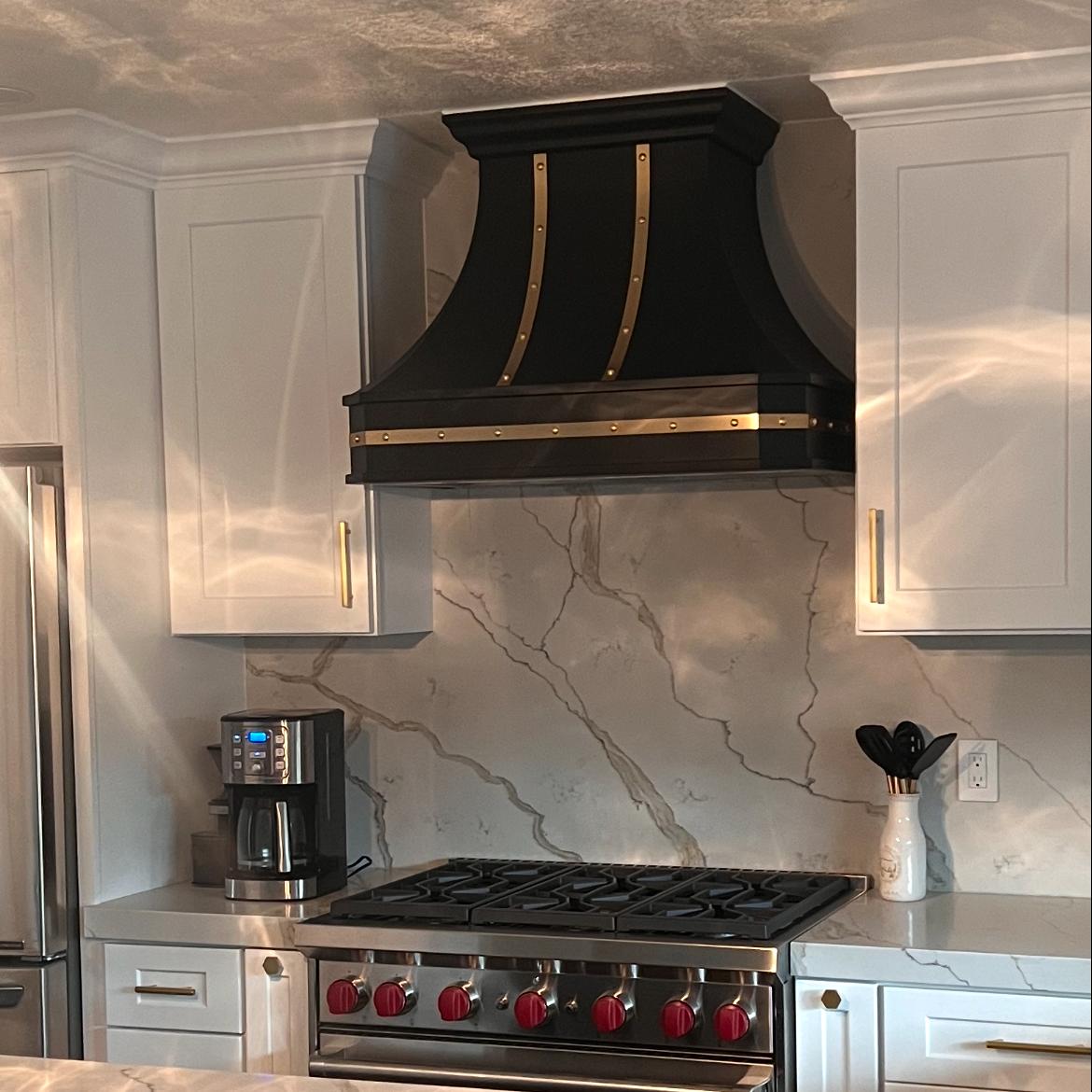 Fobest Custom Black Stainless Steel Kitchen Hood with Polished Brass Straps FSS-172