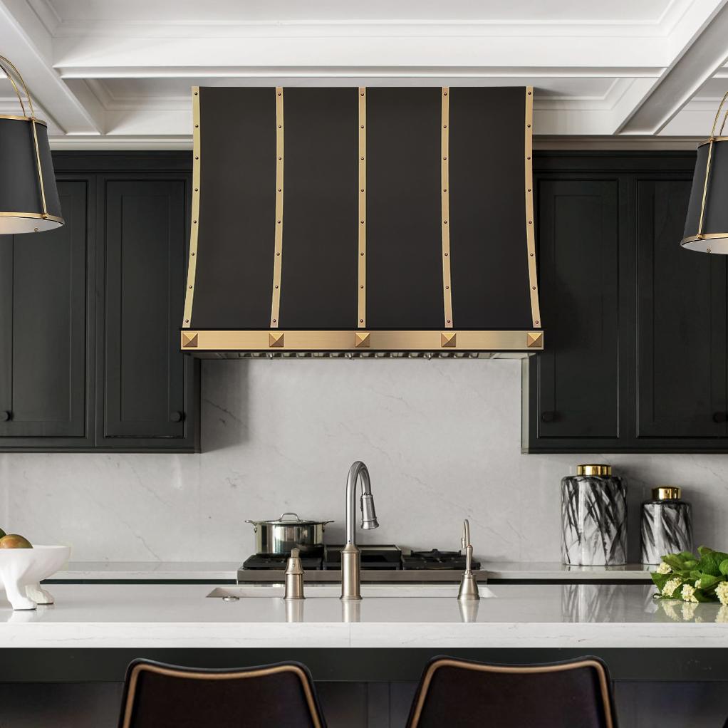 Fobest Black Custom Range Hood with Brushed Brass Straps FSS-344