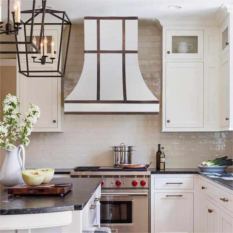 Fobest Custom White Stainless Steel Range Hood with antique straps and rivets 