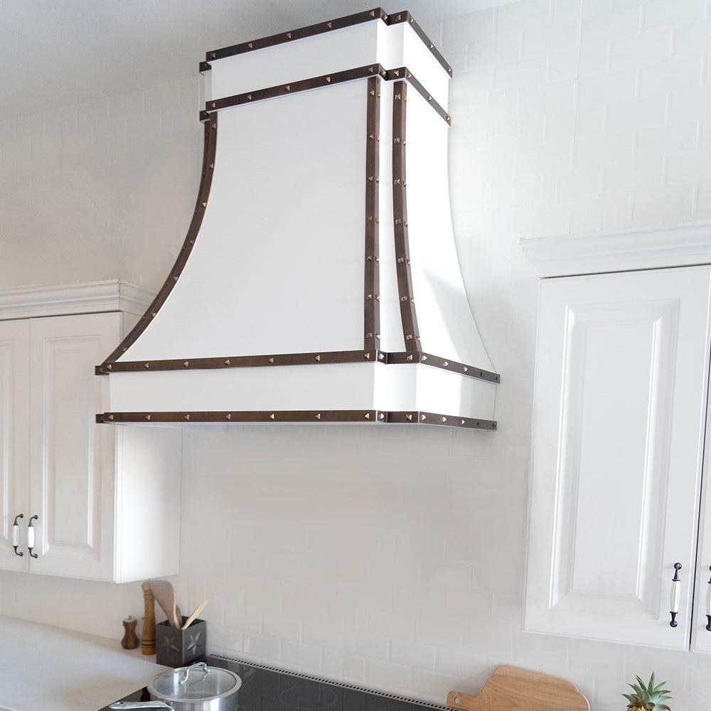 Fobest Custom White Range Hood with Crafted Finish and Brass Decor