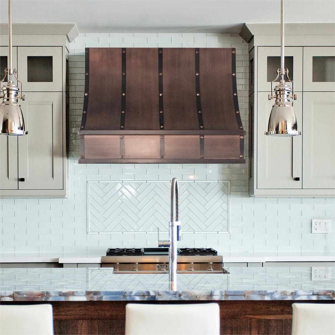 Fobest Sloped Custom Smooth Antique Copper Range Hood with Dark Straps FCP-79 - Fobest Appliance