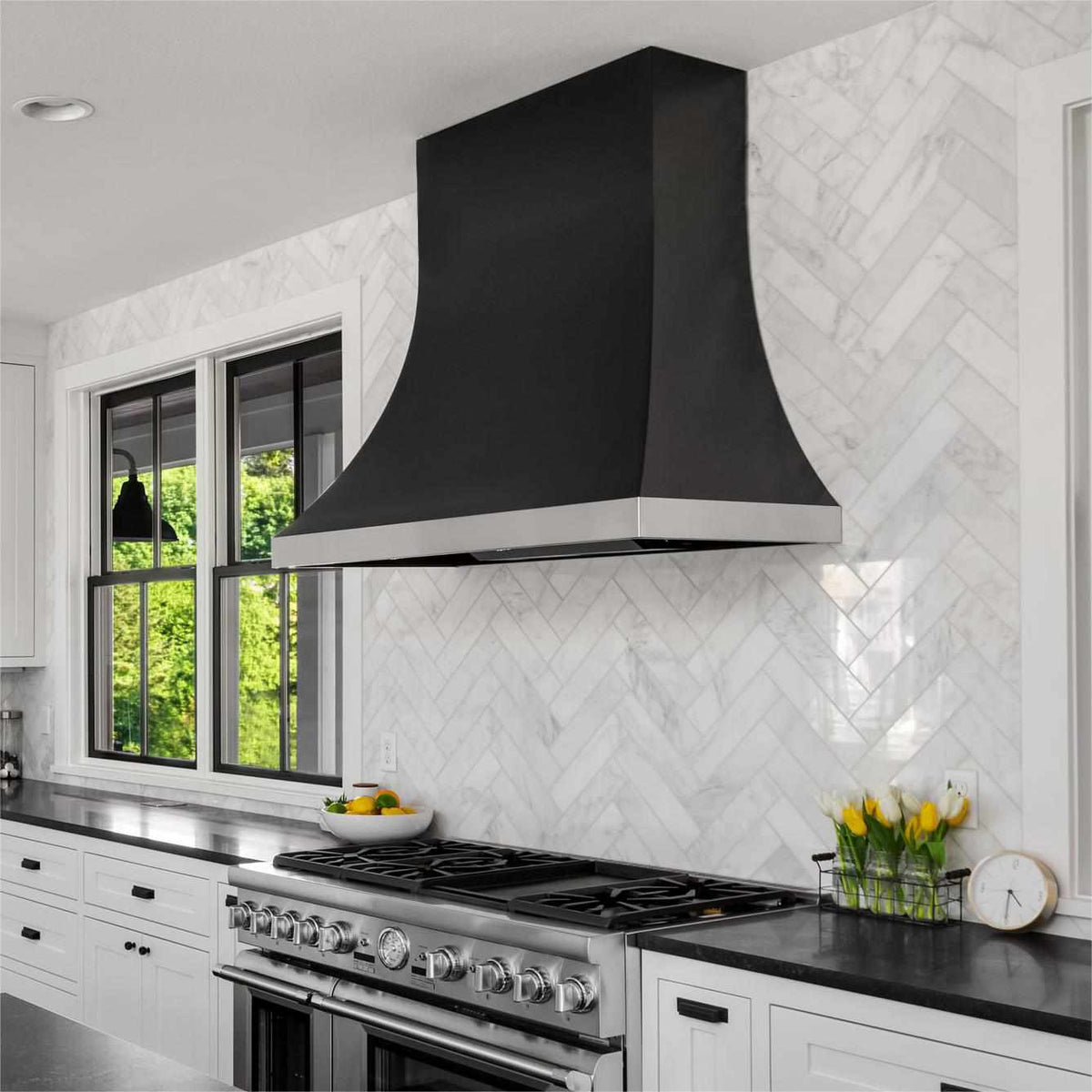 Fobest Classic Sloped Custom Black Stainless Steel Range Hood with Stainless Steel Band FSS-81 - Fobest Appliance