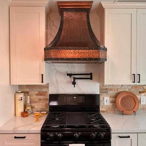 Fobest Hammered Copper Kitchen Hood with black strapping and rivet FCP-10