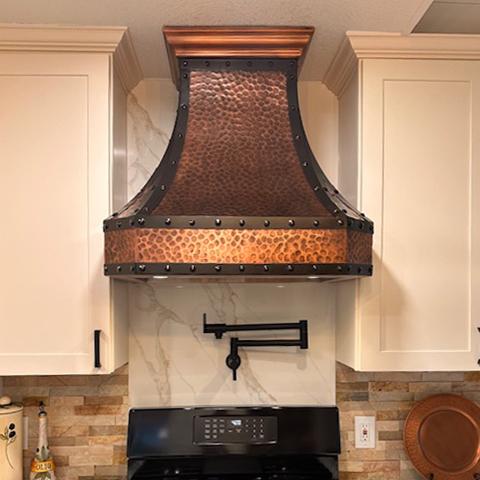 Fobest Hammered Copper Kitchen Hood with black strapping and rivet FCP-10