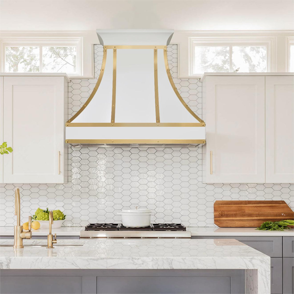 Fobest Stainless Steel Custom White Range Hood with Brass Accents FSS-212 - Stainless Steel Range Hood-Fobest Appliance