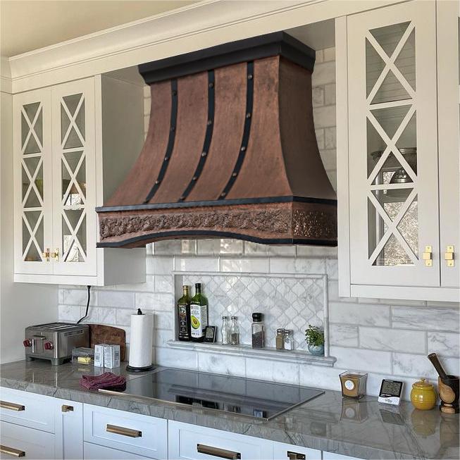 Fobest Handmade Custom Vintage Copper Kitchen Hood with Drak Straps FCP-113 - Fobest Appliance