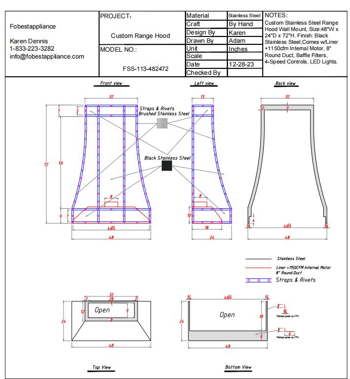 Fobest custom range hood - custom link for Alec - Fobest Appliance