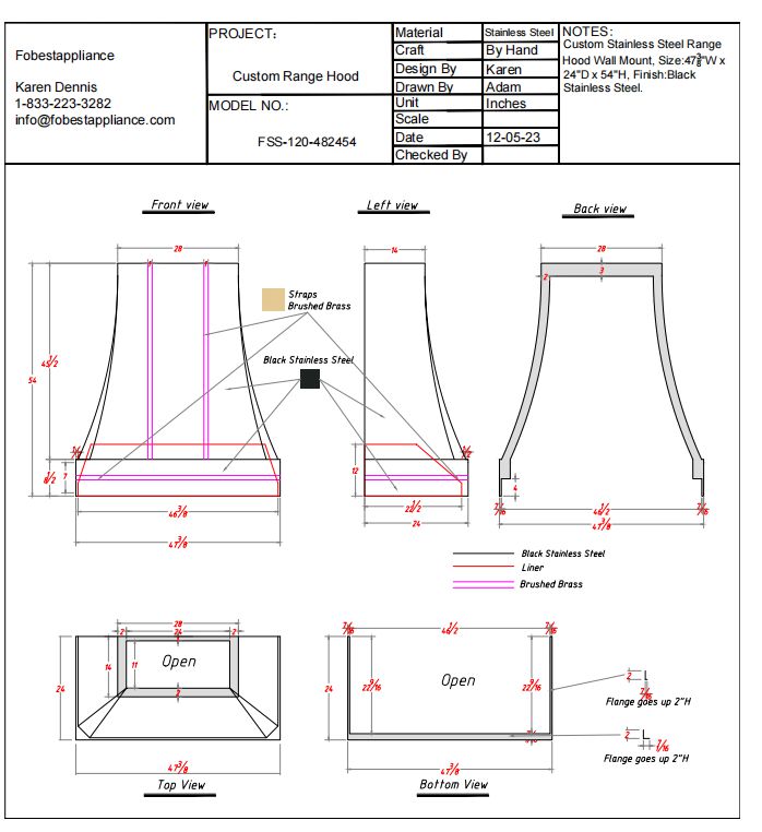 Fobest custom stainless steel range hood- custom link for Scott - Fobest Appliance