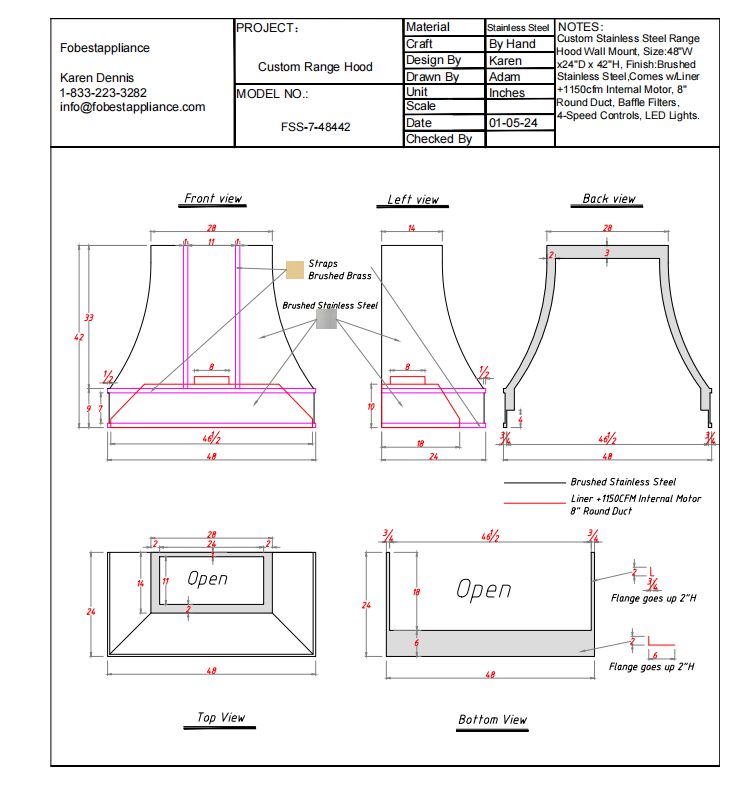 Fobest custom stainless steel range hood - custom link for Anthony - Fobest Appliance