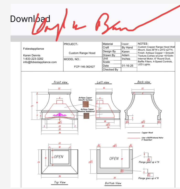 Fobest Custom Copper Range Hood - Price Difference- Custom Link for Douglas