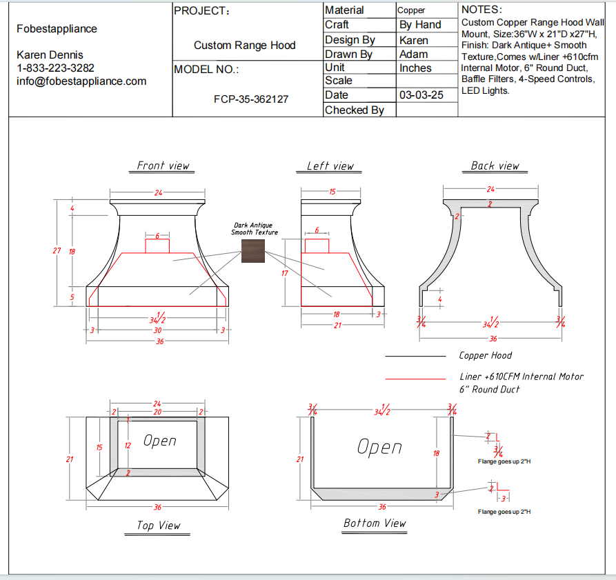 Fobest Custom Copper Range Hood - Custom Link for Emily Bentley