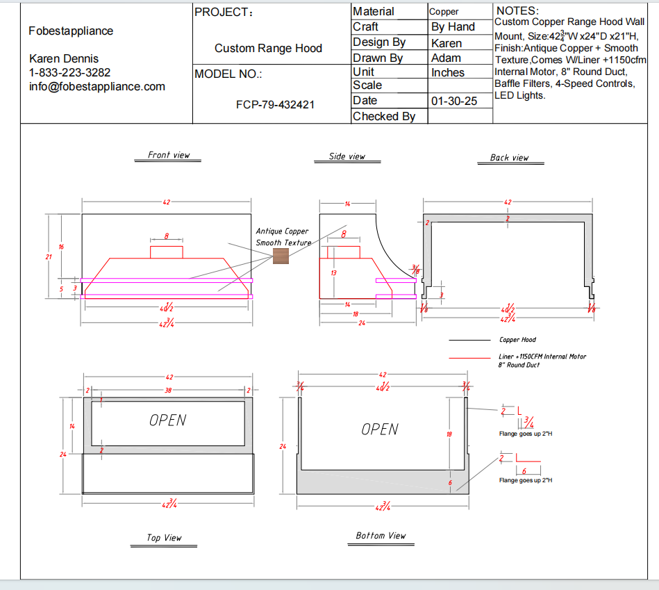 Fobest Custom Copper Range Hood - Custom Link for Alison Johnston