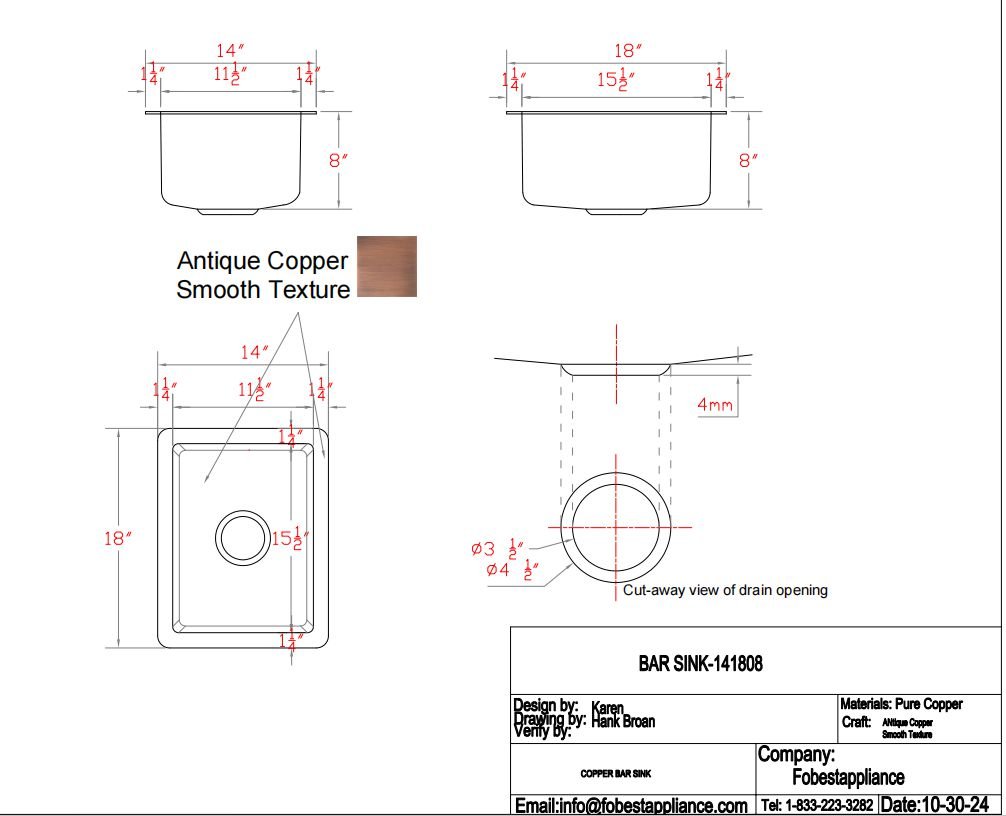 Fobest Custom Copper Bar Sink-Custom Link for Kate