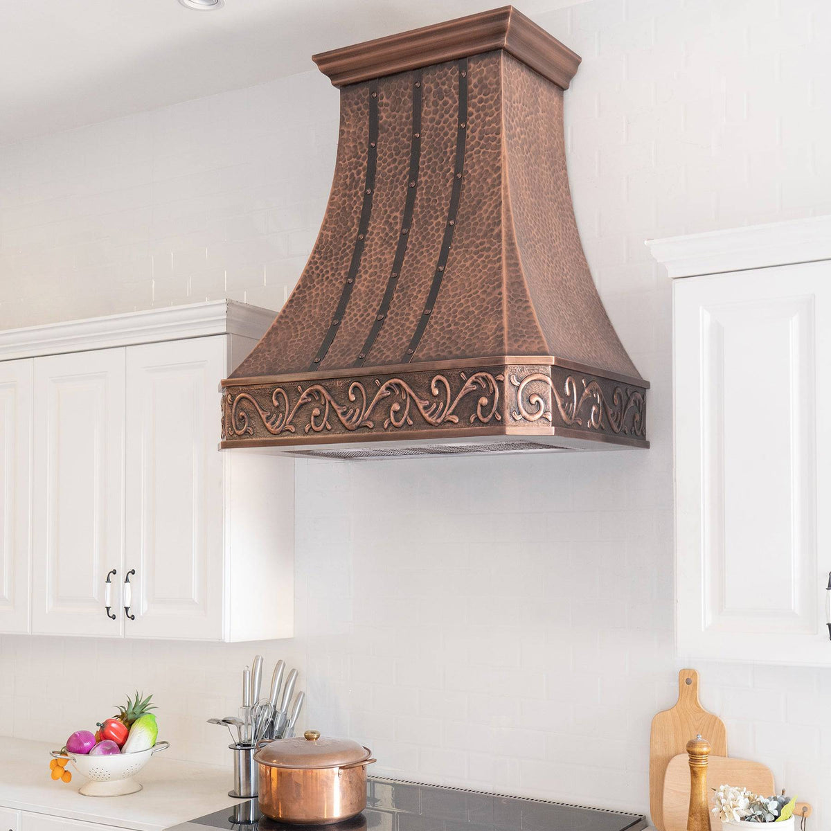 Fobest Custom Hammered Antique Copper Range Hood with Three Straps- FCP-104 - Fobest Appliance