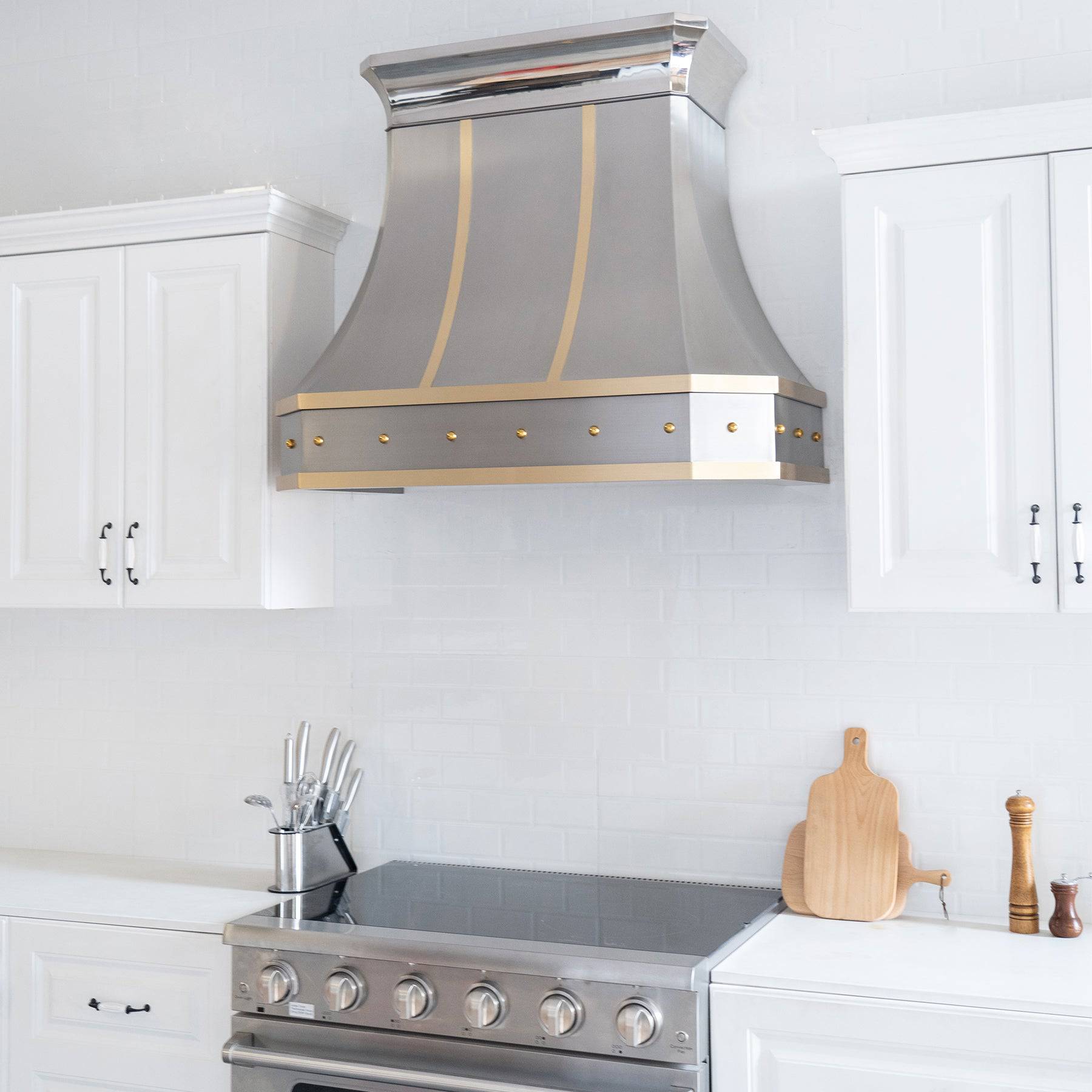 Fobest Custom Brushed Stainless Steel Range Hood with Brass Straps and Rivets