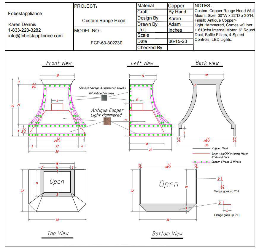 Fobest Custom Copper Range Hood Custom Link for Jane FCP-63 (302230) - -Fobest Appliance