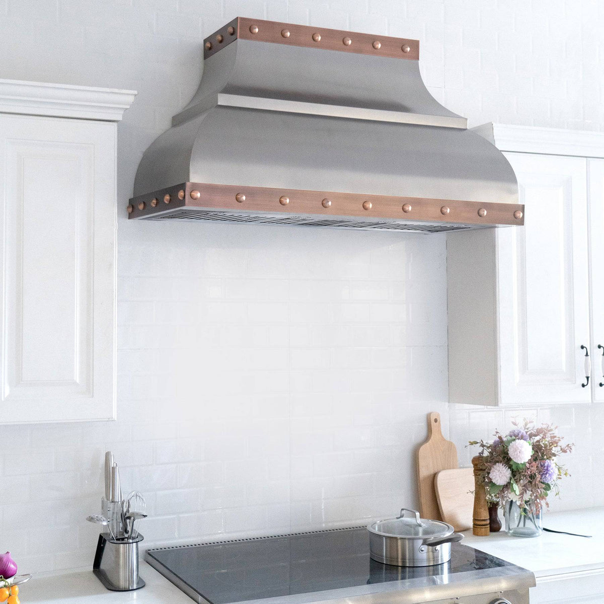 Fobest Custom Handcrafted Brushed Stainless Steel Range Hood with Antique copper straps FSS-126 - Stainless Steel Range Hood-Fobest Appliance