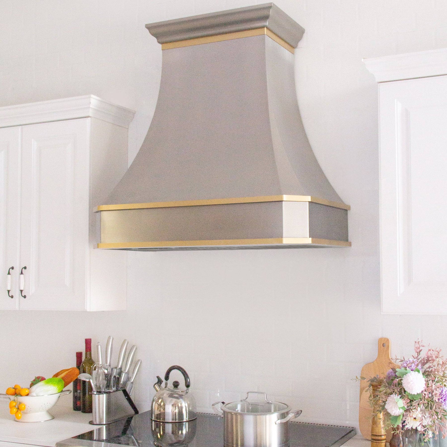 Fobest Custom Handcrafted Brushed Stainless Steel Range Hood with Horizontal Brass Strap FSS-44 - Stainless Steel Range Hood-Fobest Appliance