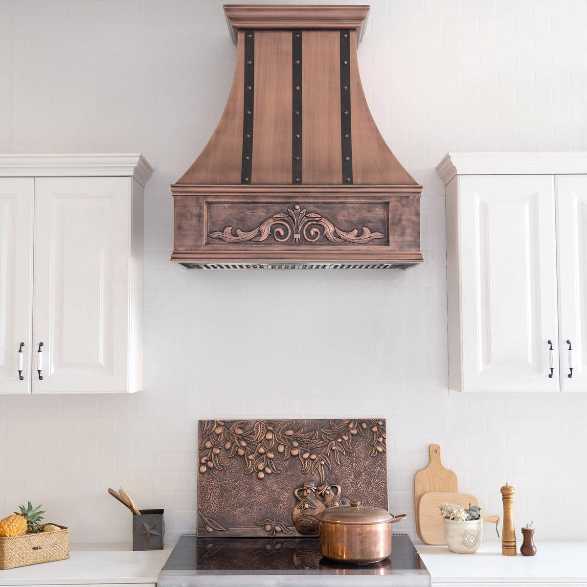 Fobest Custom Handmade Antique Copper Range Hood with Three Vertical Straps FCP-97 - Copper Range Hood-Fobest Appliance