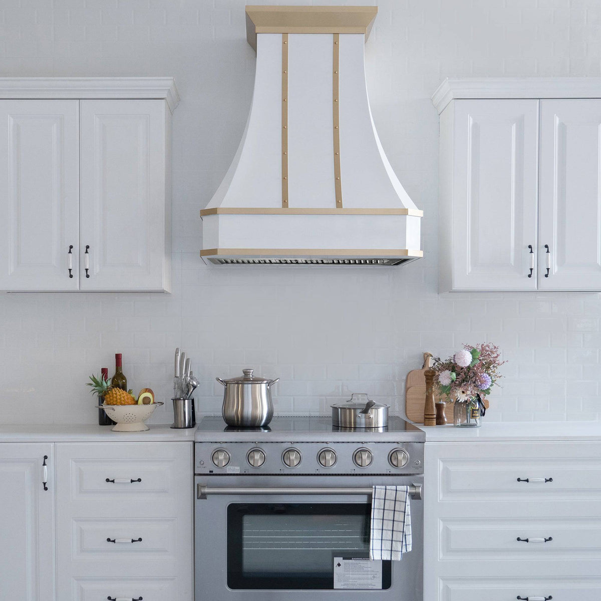 Fobest Custom White Stainless Steel Range Hood with Brass Crown FSS-60 - Stainless Steel Range Hood-Fobest Appliance