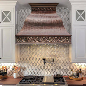 Fobest Farmhouse Antique Copper Kitchen Hood with Scrolls Apron Motifs FCP-13 - Copper Range Hood-Fobest Appliance