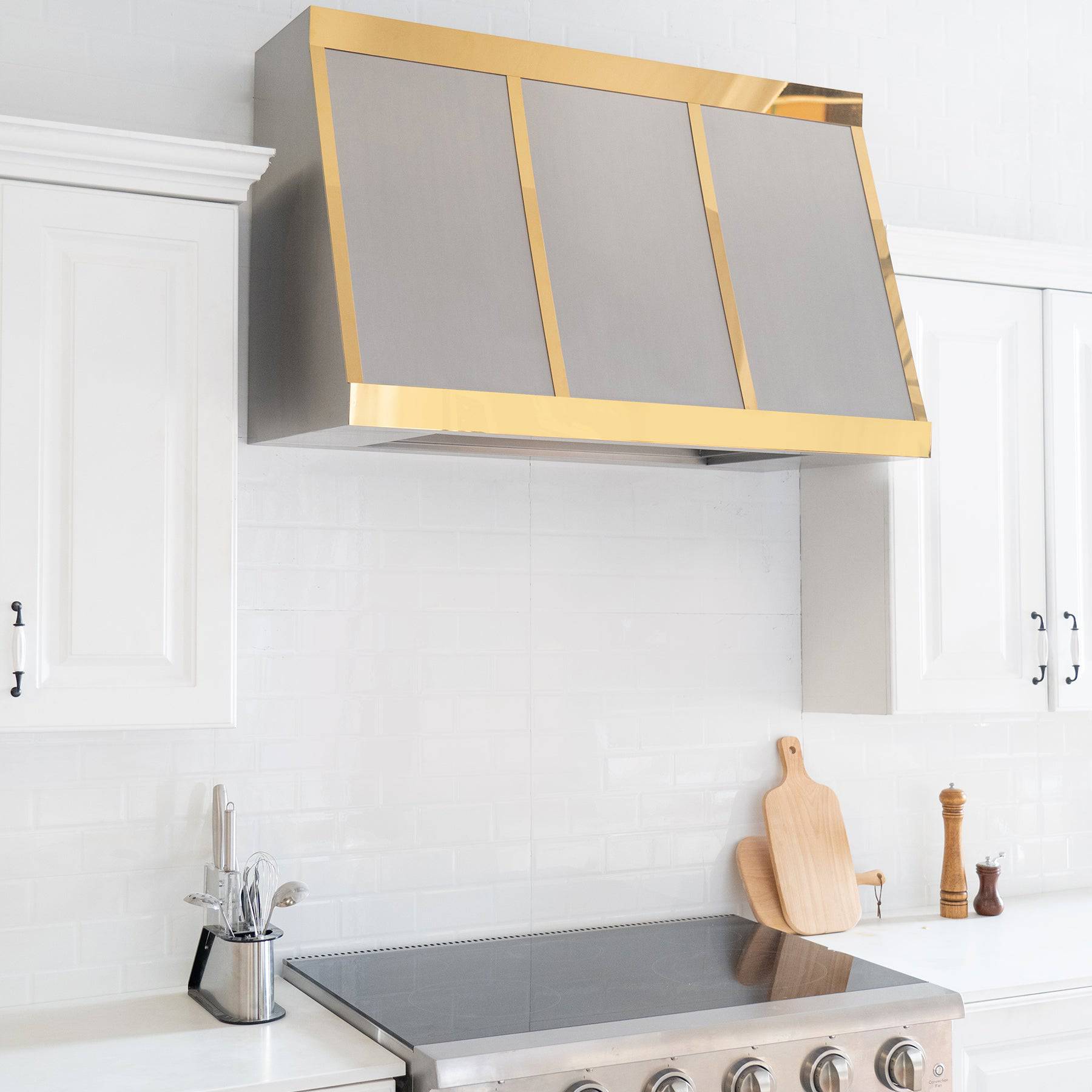 Fobest Handcrafted Angled Design Stainless Steel Range Hood with Brass Accent 