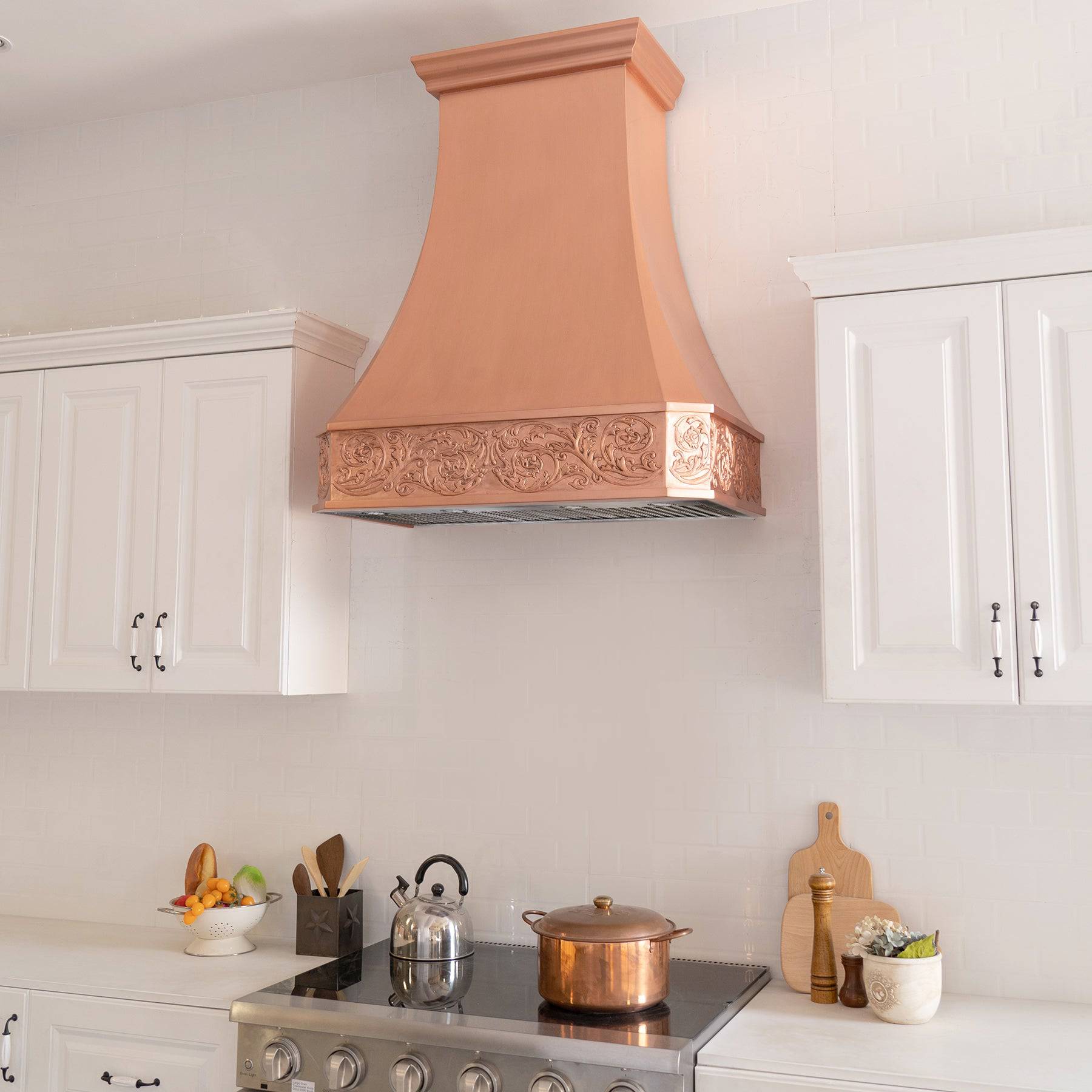 Fobest Handmade Custom Copper Vent Hood with Handmade Vine Apron Pattern FCP-90 - Copper Range Hood-Fobest Appliance